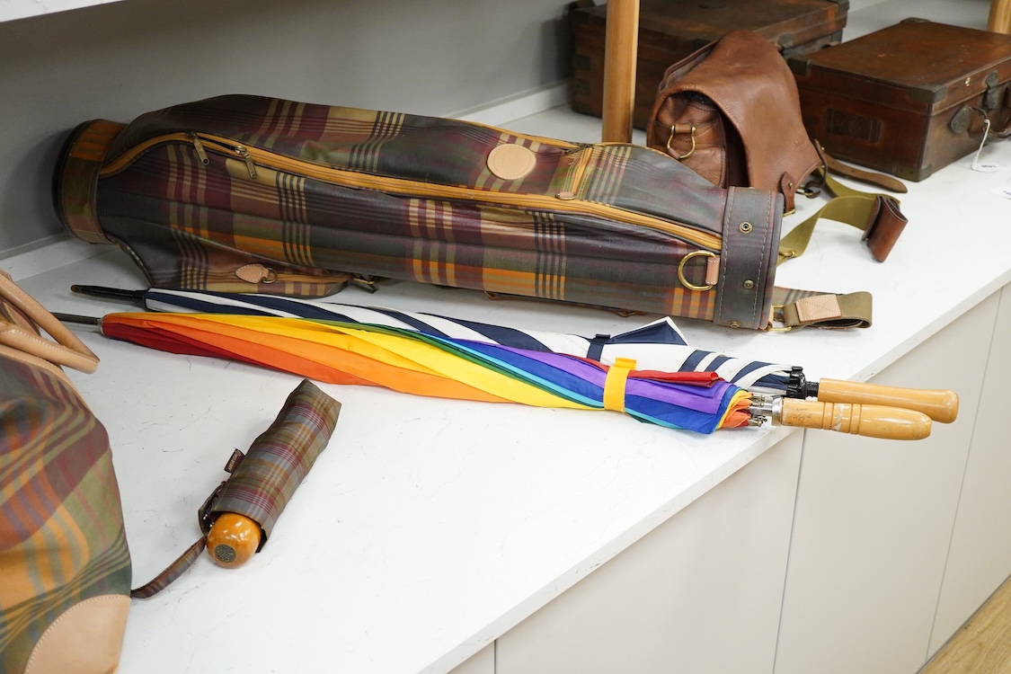 A Mulberry tartan canvas golf case, holdall and umbrella